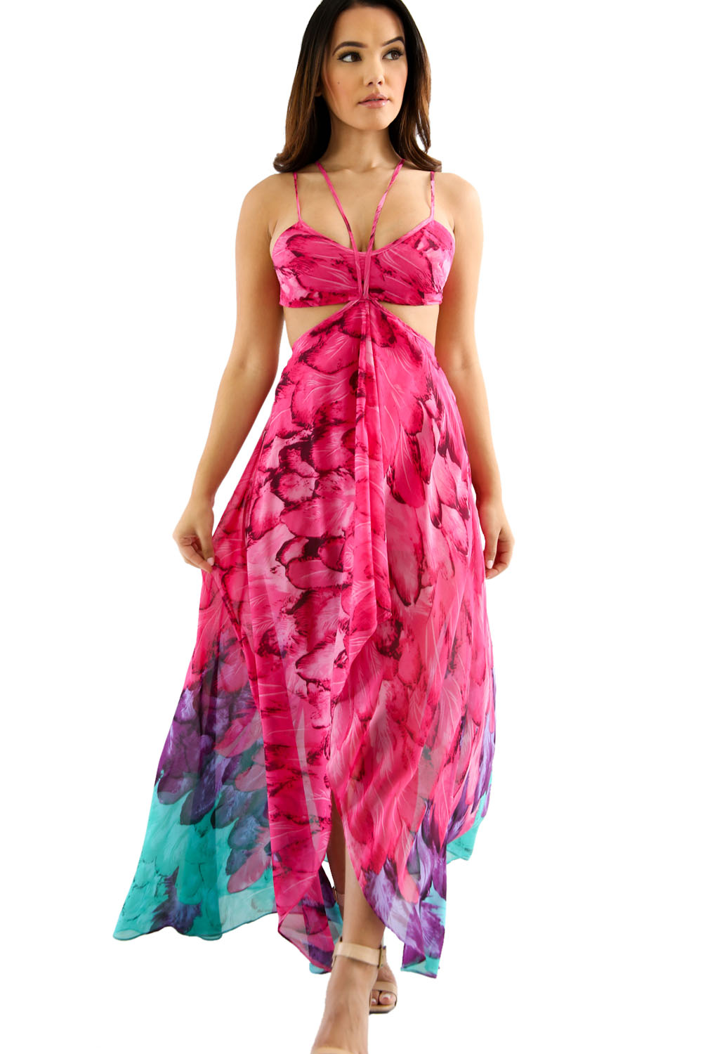 Fuchsia Multi-color Feather Print Maxi Dress