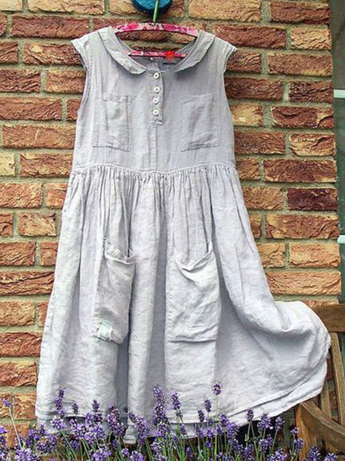 Plus Size Women Caftan Pockets Peter Pan Collar Casual Linen Dresses