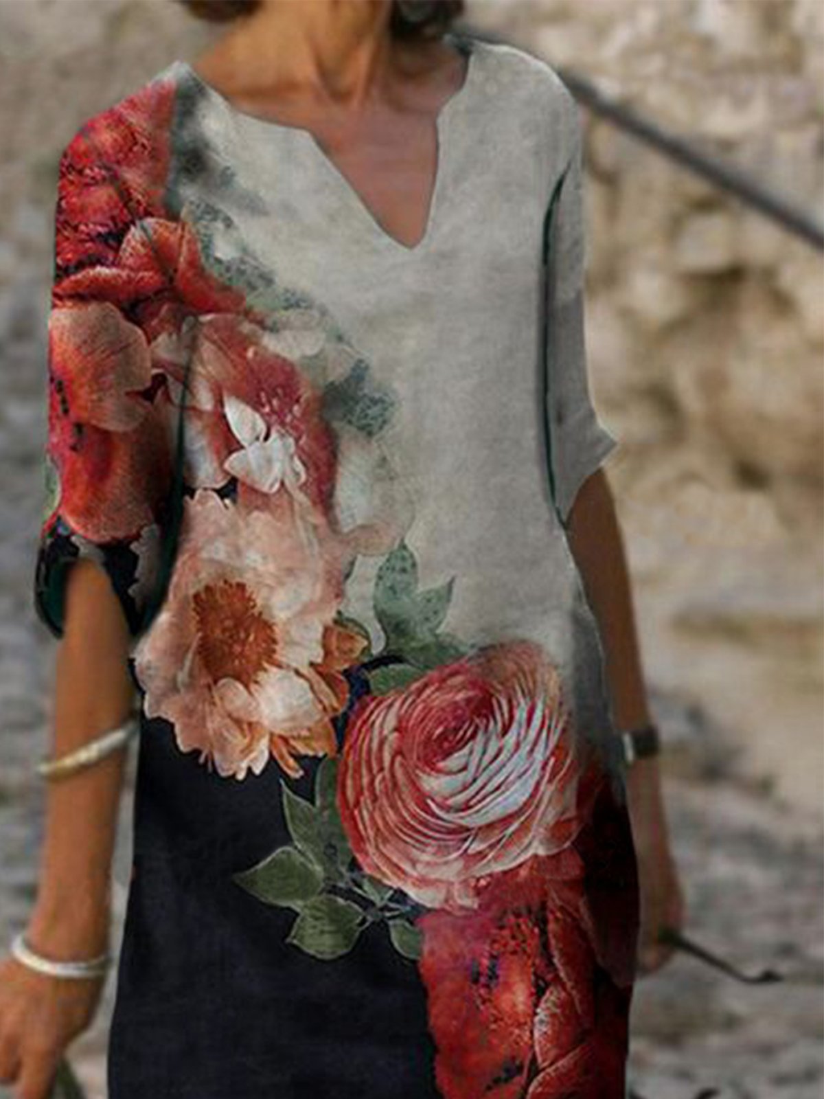 Casual Half Sleeve V Neck Floral Dresses