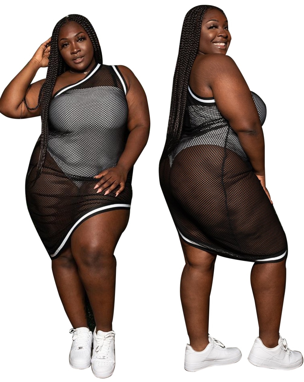 Plus Size Two Piece One Shoulder Mesh Club Dress