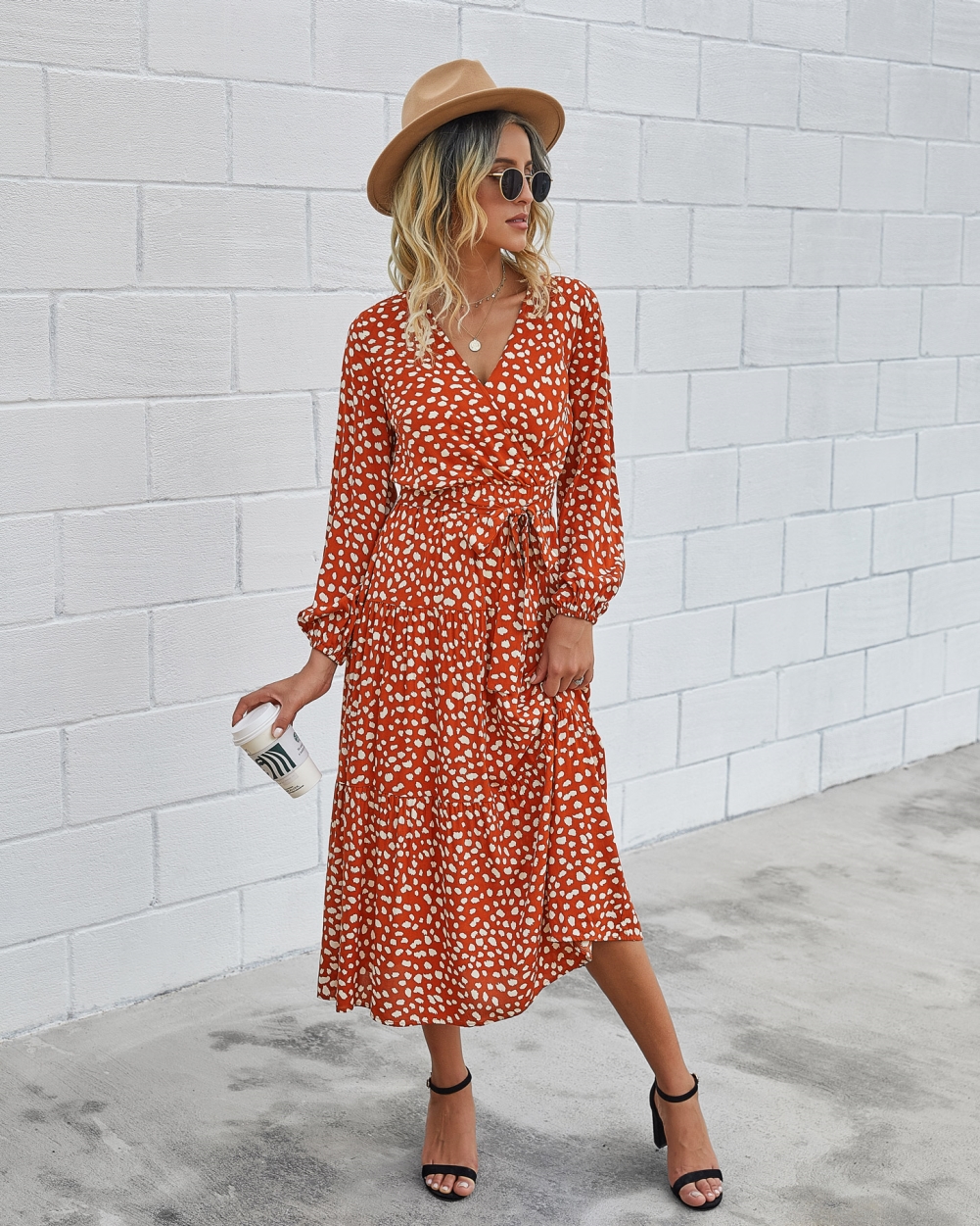 Western Long Sleeve Wrapped Print Long Dress