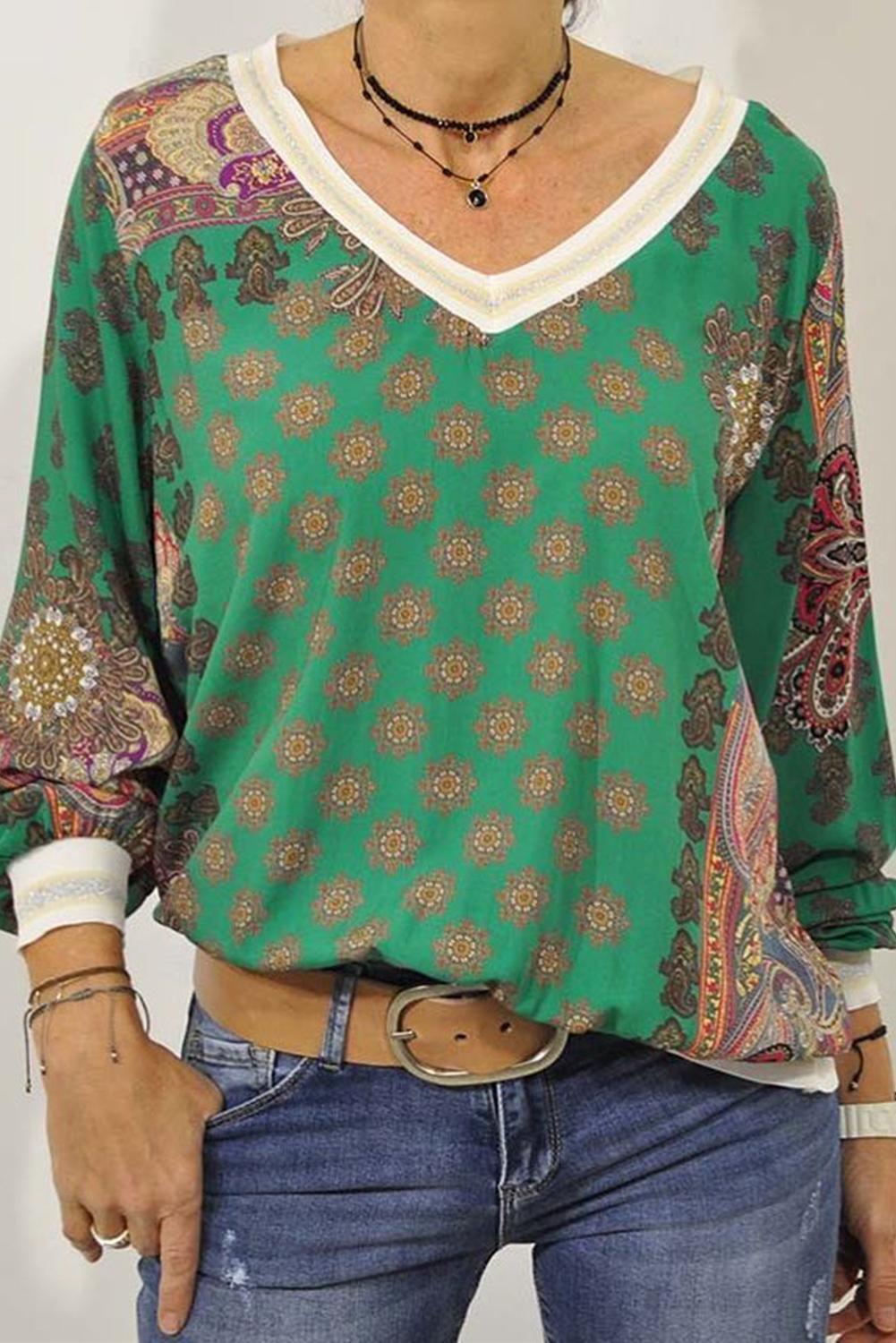 Green Vintage Print V Neck Sweatshirt