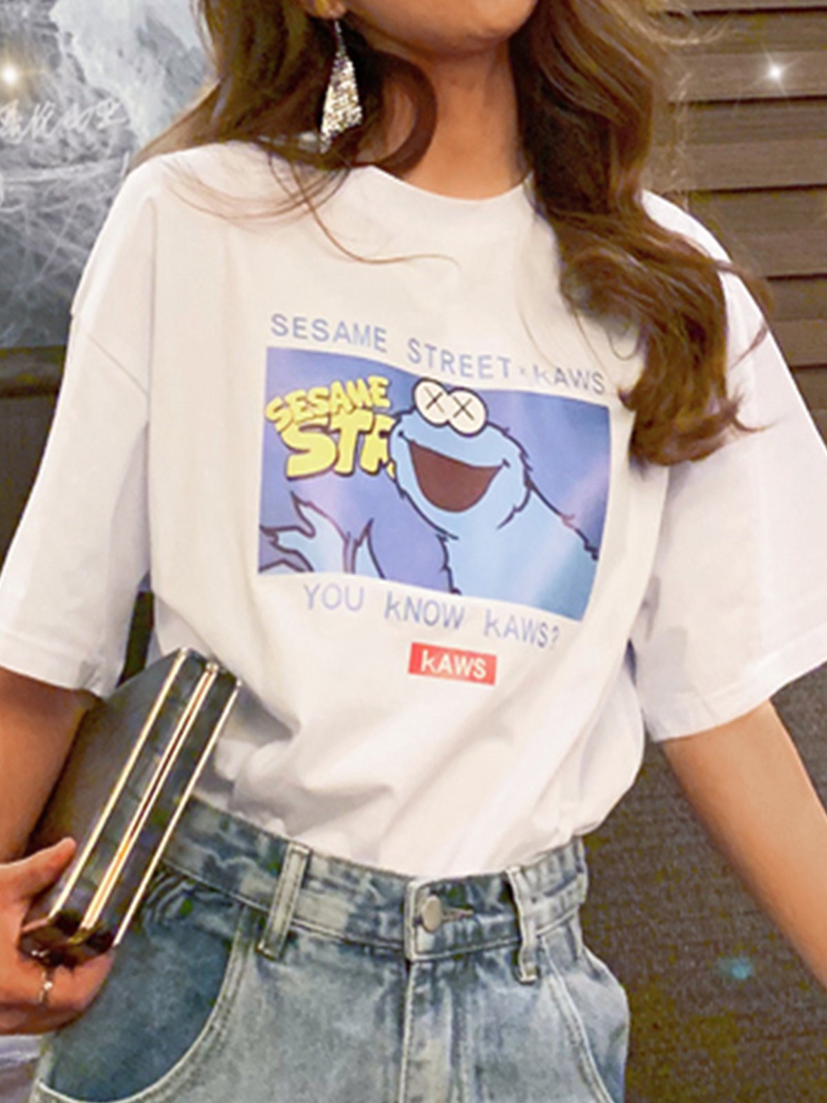 Plus Size Women Cotton Loose Sesame Street Floral Short Sleeve Casual Tops