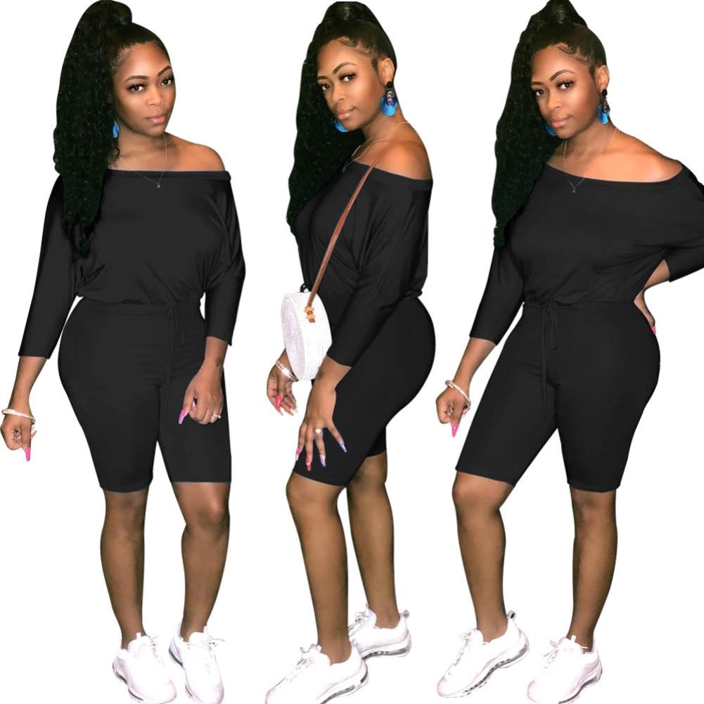 Black Off Shoulder Drawstring Casual Rompers