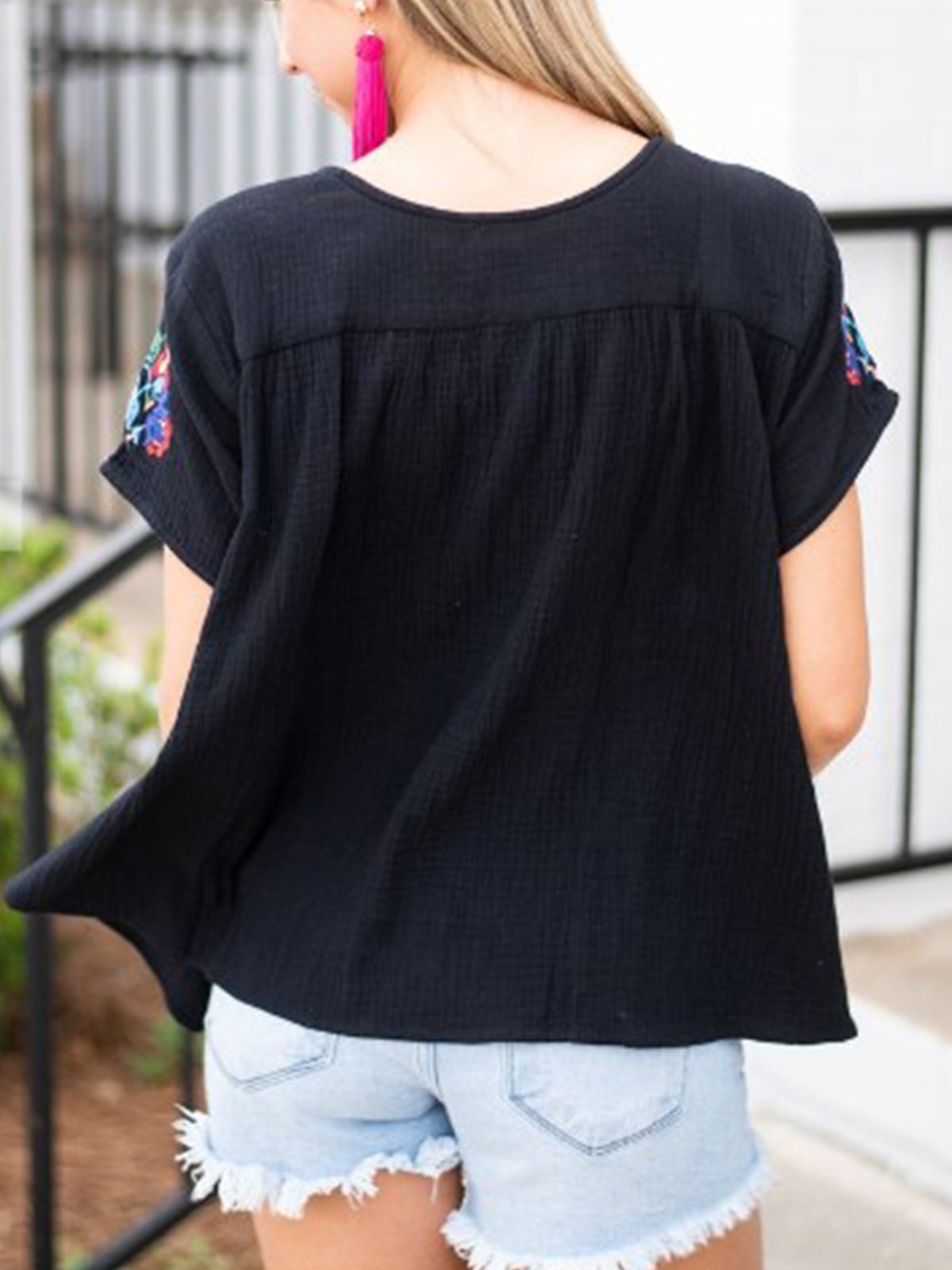 Short Sleeve Floral-Embroidered Shirts & Tops