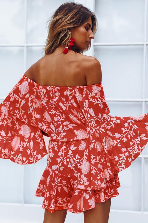 Red Off Shoulder Boho Romper