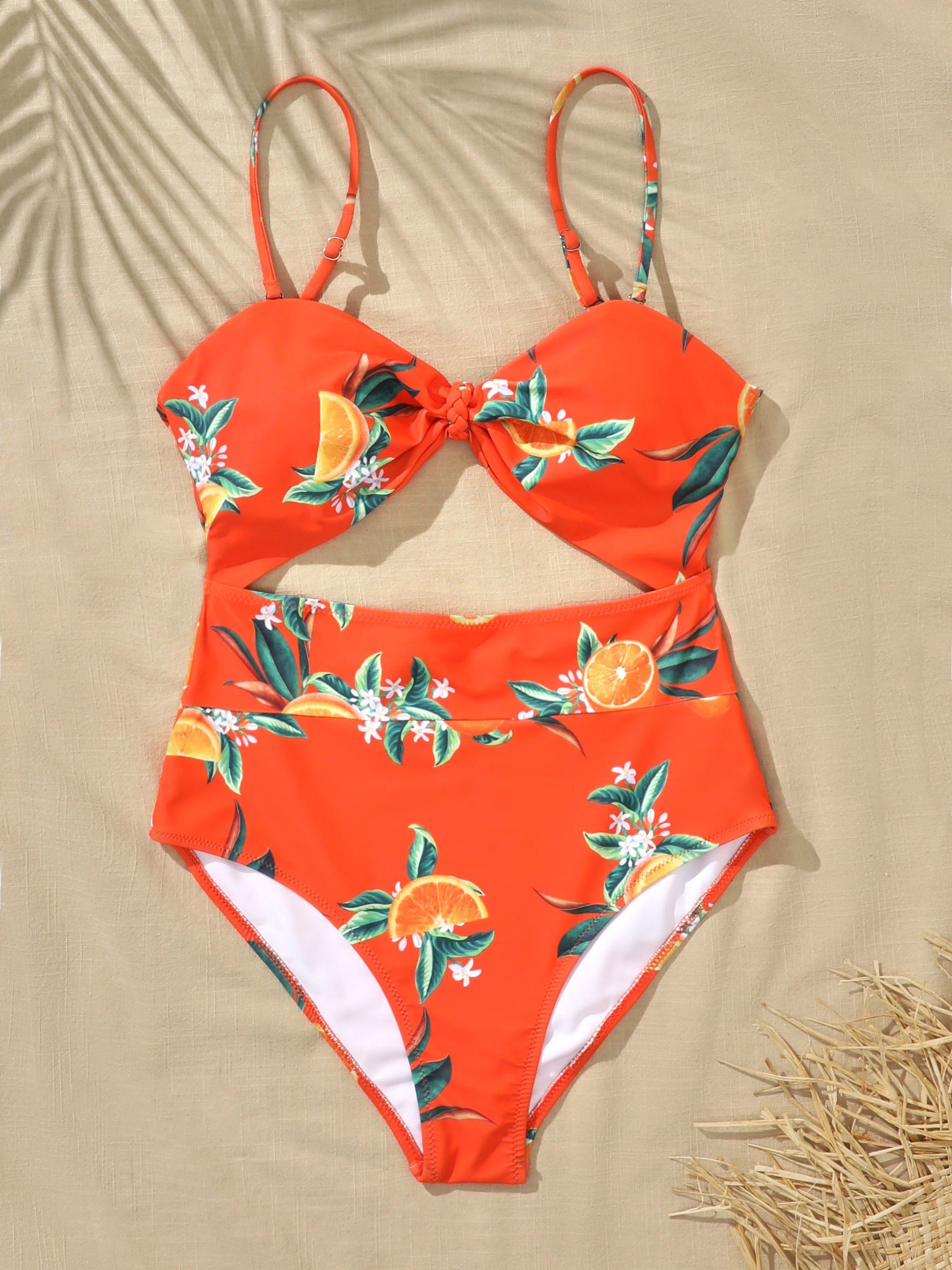 Retro Orange Leaf Print Cut Out Swimsuit