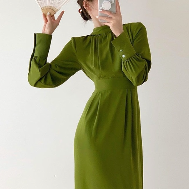 2021 Green France Vintage Dress Women Winter Elegant Evening Party Midi Dresses Retro One Piece Dress Y2k Korea Female Clothing