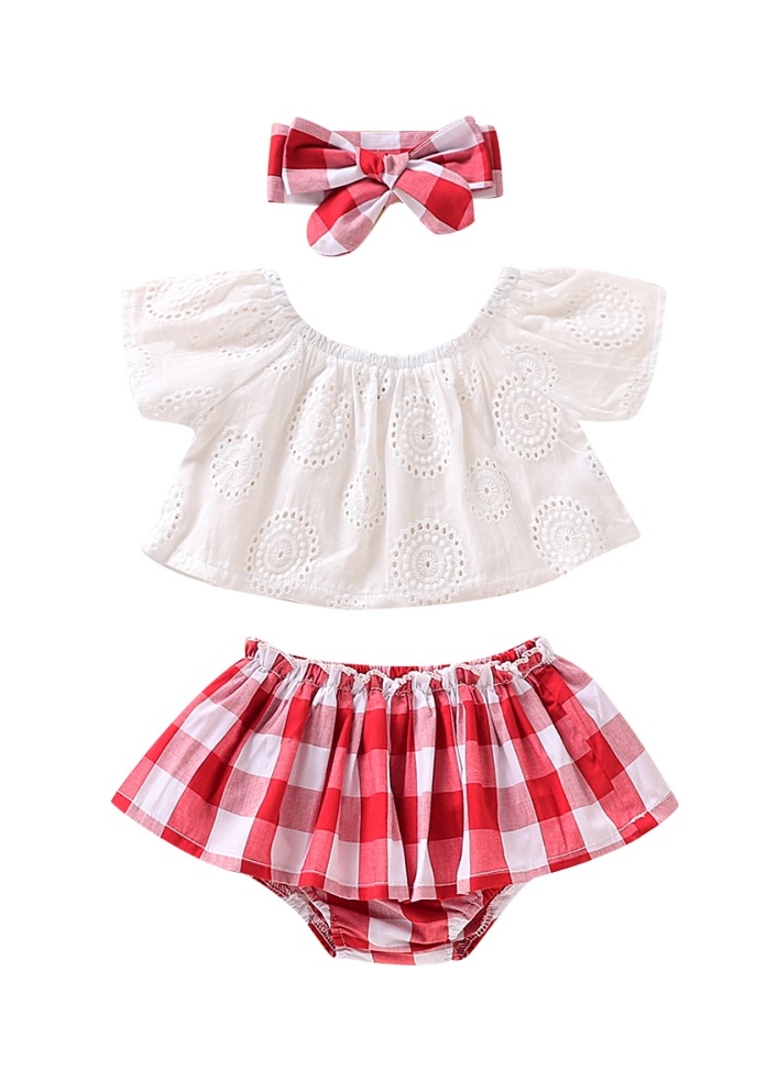 Baby Girl Summer White Crochet Top and Plaid Skirt