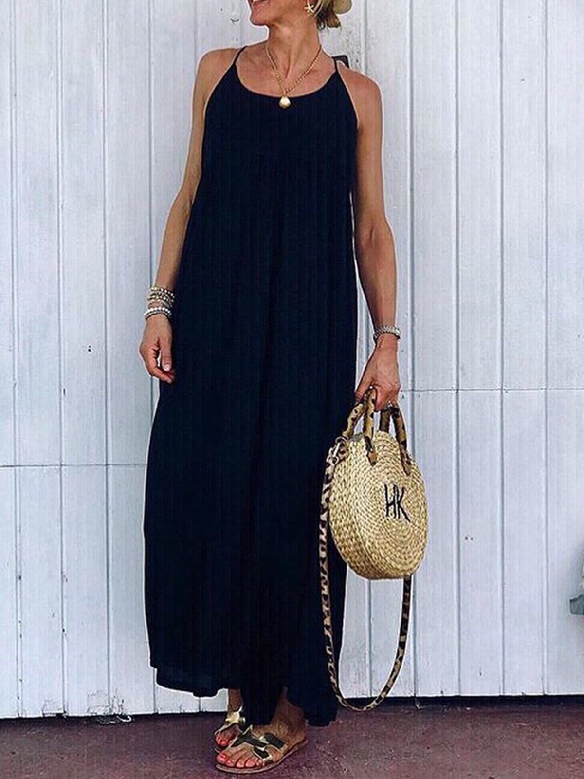 Solid Round Neck Sleeveless Dresses