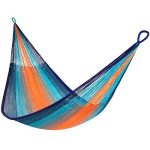 Handwoven Family-Size Hammock, Shareable, Weathersafe Hammocks, Yellow Leaf Hammocks �C ��Kilauea�� Hammock, Orange & Blue, Fits 1-2+ People (550 lbs)