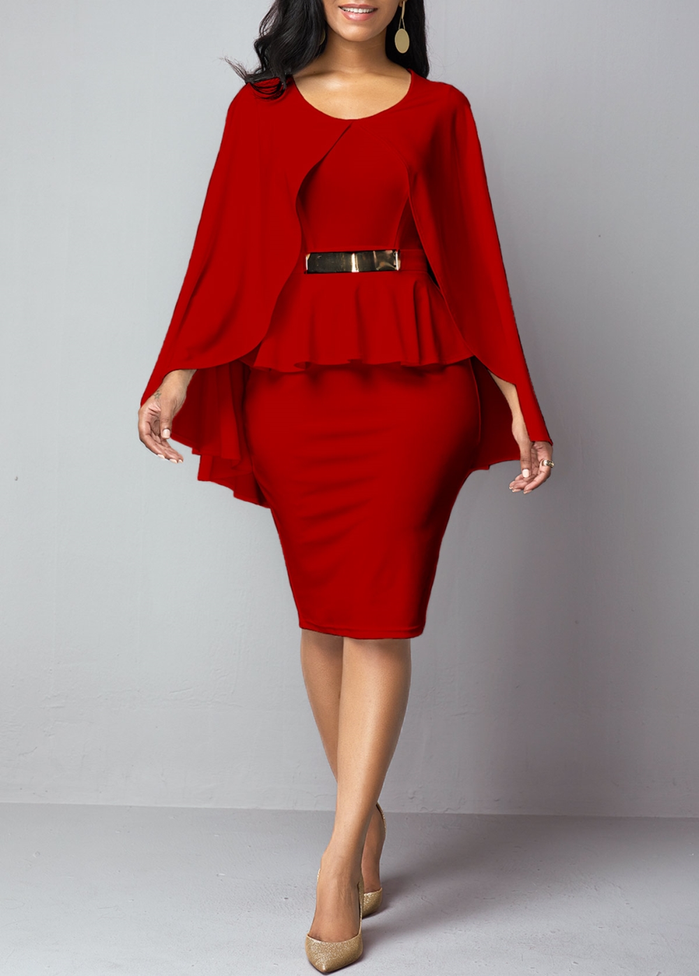 Occassional Knee-Length Peplum Cape Dress