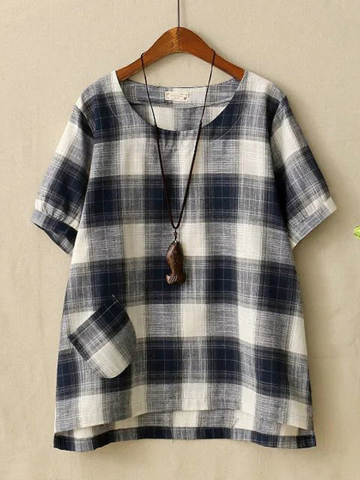 Women Casual Loose Tops Tunic Plaid Blouse Shirt