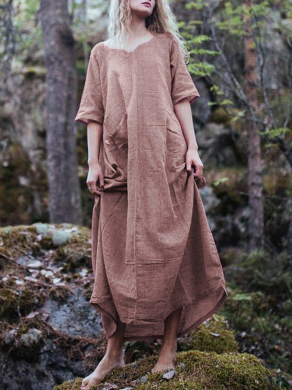 Casual V Neck Pockets Solid Dresses