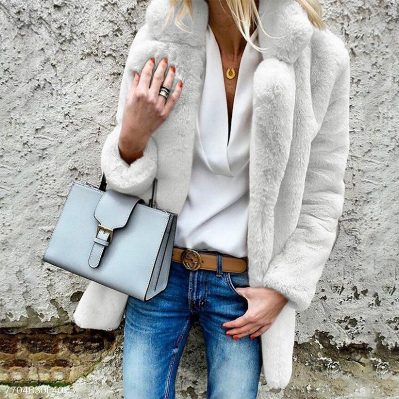 Lapel Long Sleeve Plain Fur Coat