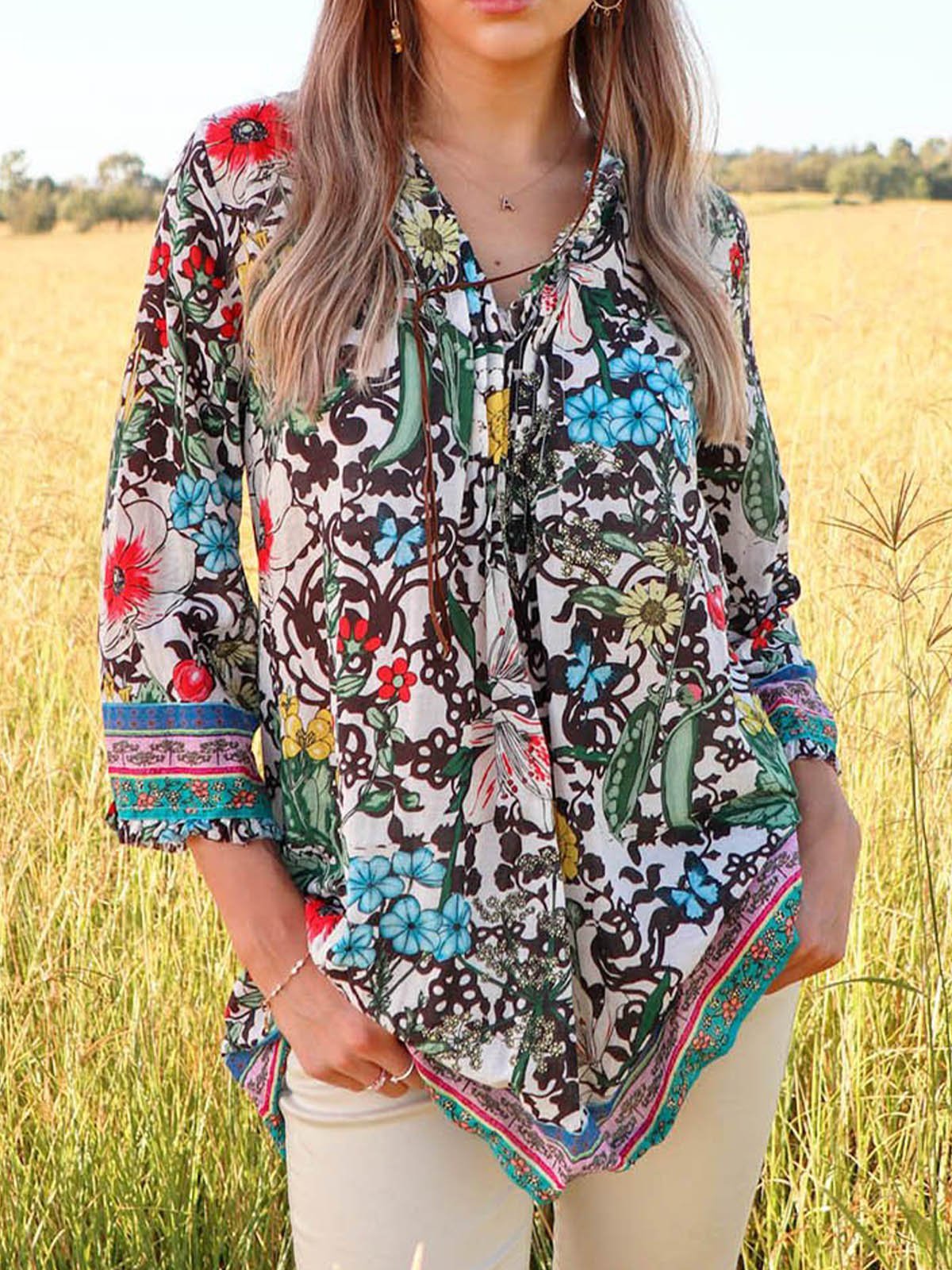 Holiday Floral V Neck Shirts & Tops