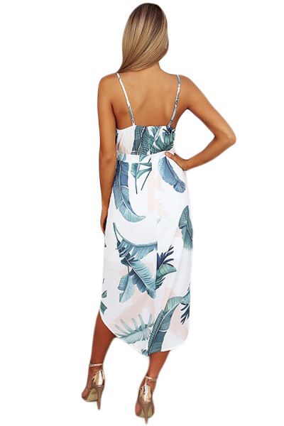 Deep V Neck Green Leaves Print Boho Dress in White
