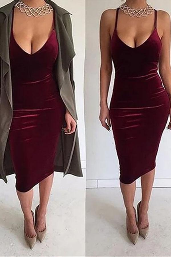 Sexy Deep V Sling Bare Back Velvet Bodycon Dresses