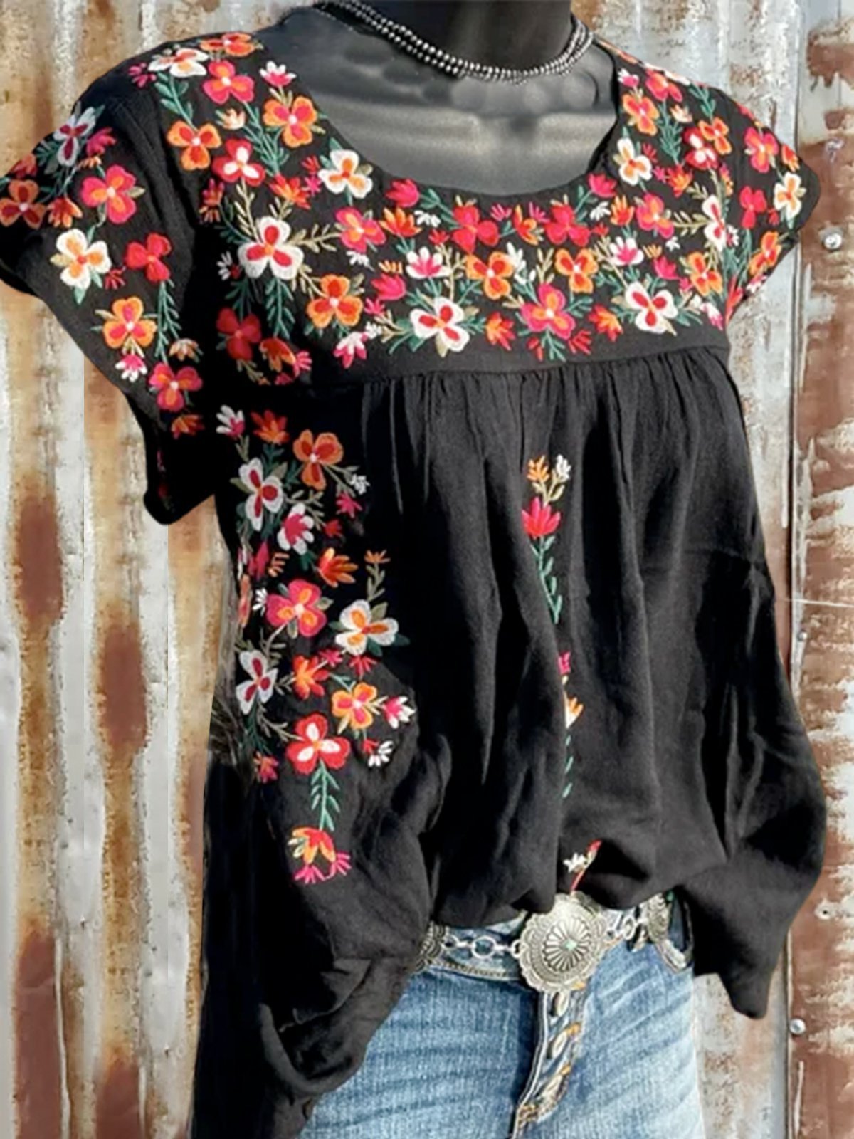 Casual Paneled Short Sleeve Cotton-Blend Shirts & Tops