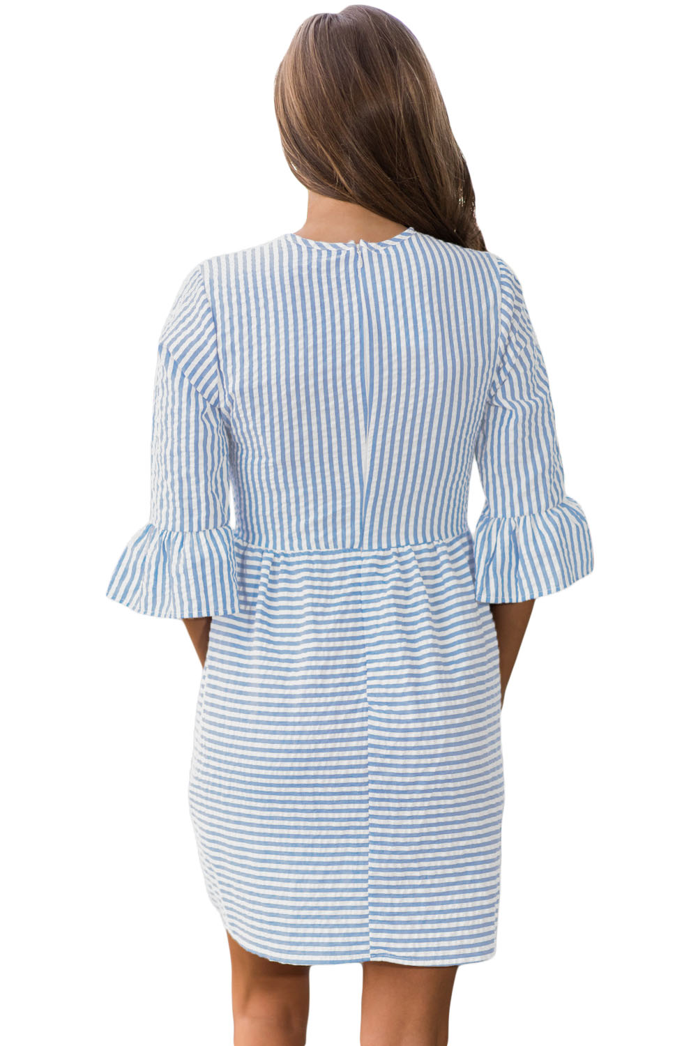 Navy White Stripe Flounce Sleeve Seersucker Dress