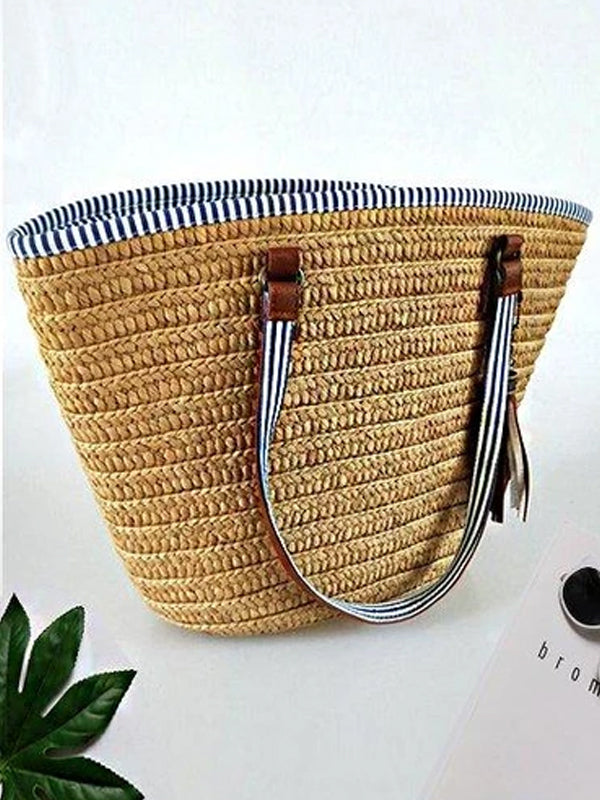 Women's Casual Tassel Zipper Woven Straw Tote Bag
