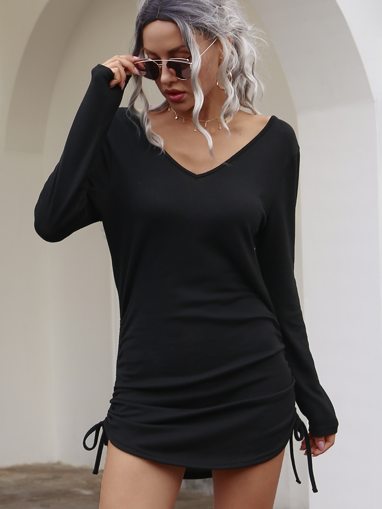 Autumn Black V-Neck Ruched Strings Shirt Dress