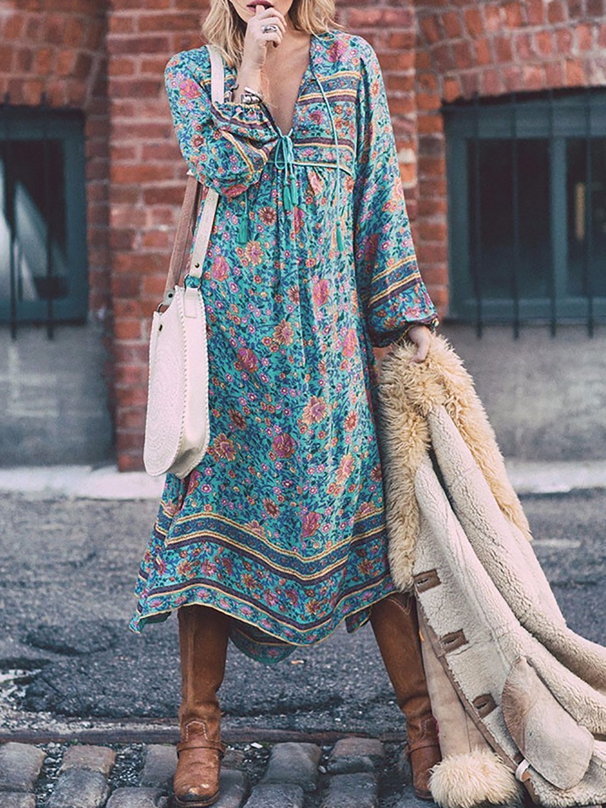 V Neck 3/4 Sleeve Elegant Asymmetrical Vintage Dress