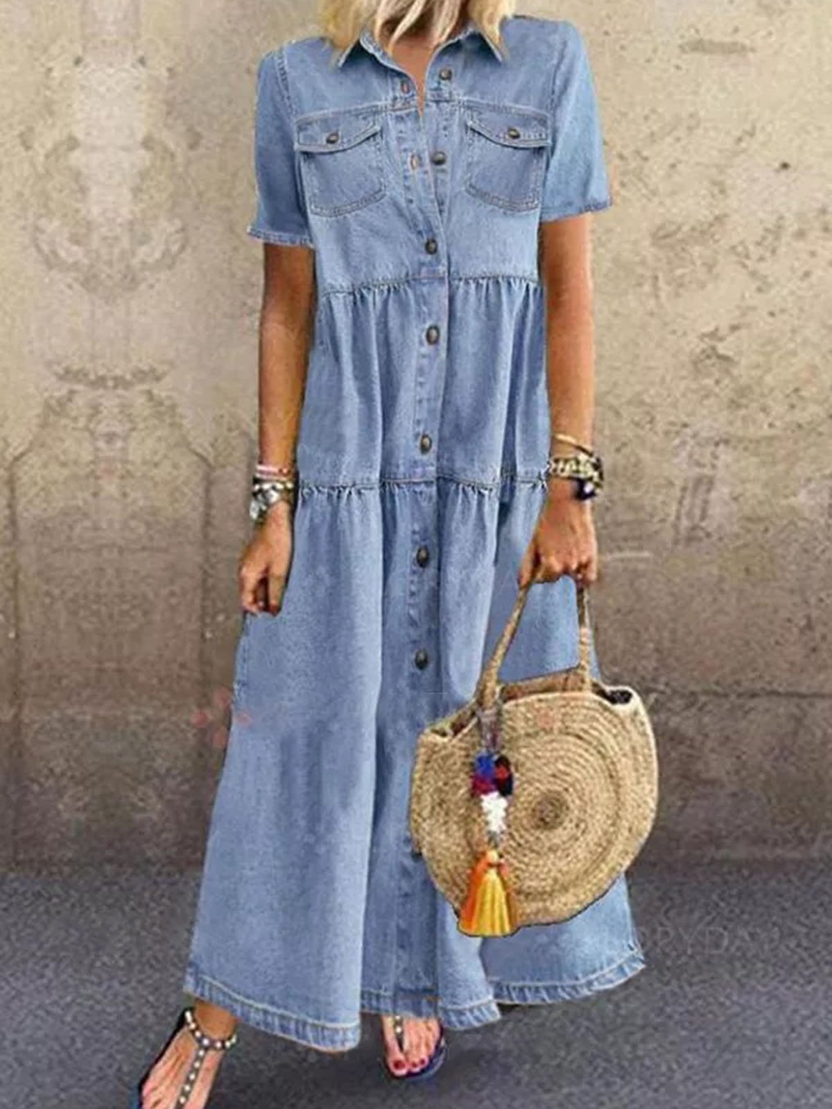 Blue Plain Denim Short Sleeve Shirt Collar Dresses