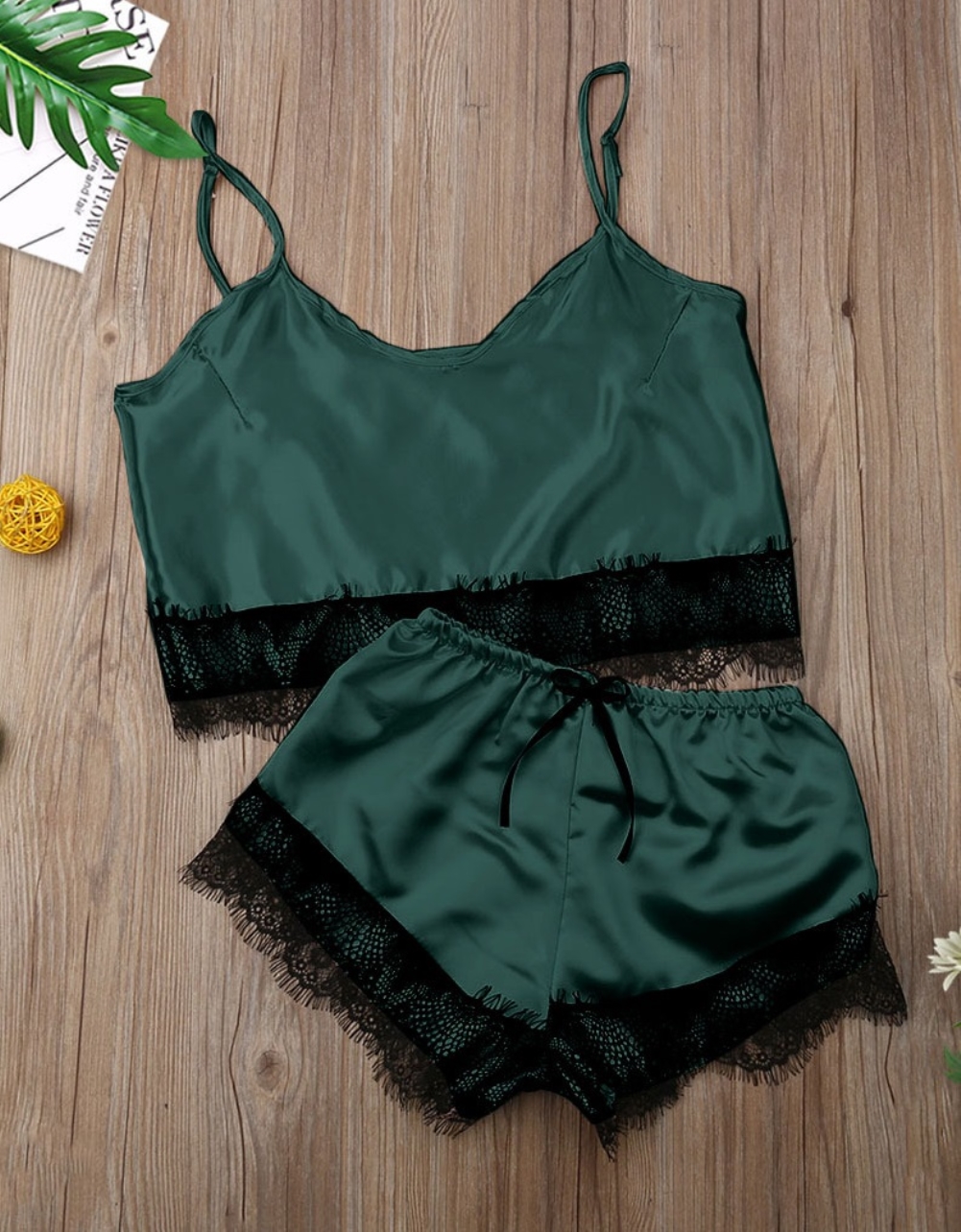 Summer Two Piece Satin Shorts Pajama Set with Lace Trims