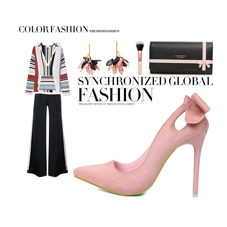 10.5CM Sweet Suede Shallow Pointed Openwork Bow Dress Wedding Party Elegant Heeled Sandals