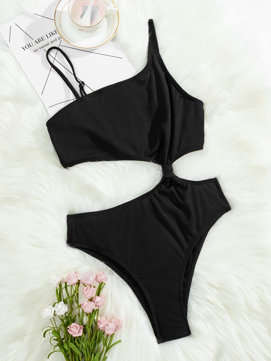 Solid Cut Out One Shoulder Swimsuit