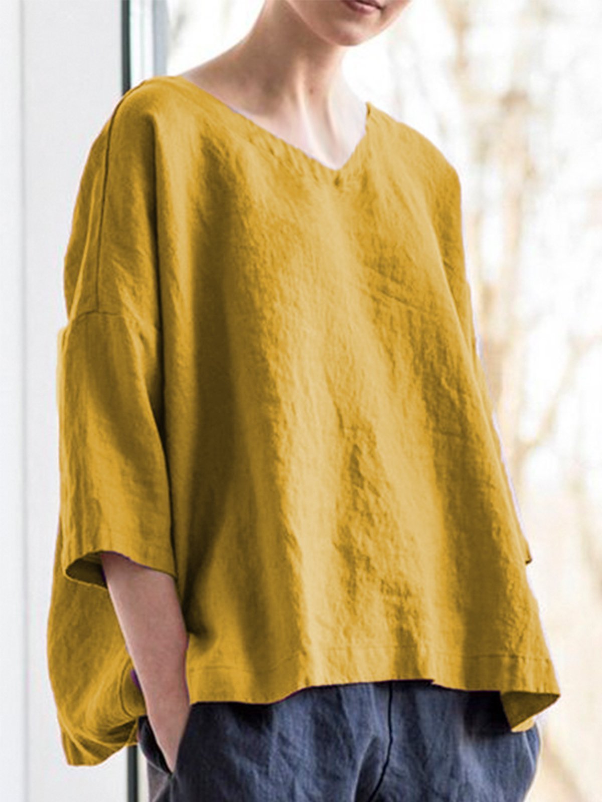 Women Casual Tops V Neck Asymmetrical Long Sleeve Cotton Shirts