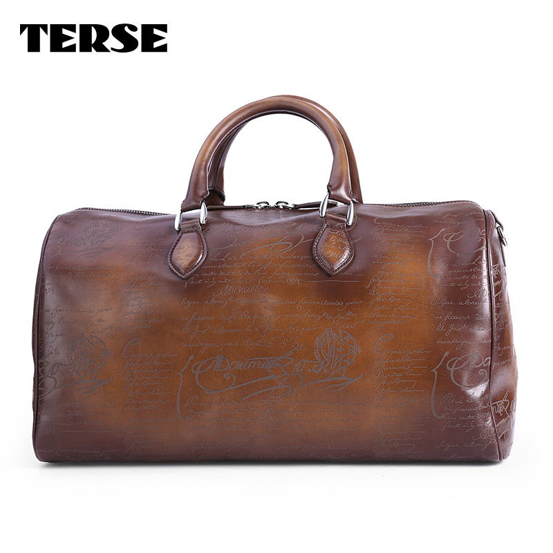 TERSE_Duffel bag large capacity handmade genuine leather tote bag with engraving tobacco handbag mens travel bag custom service