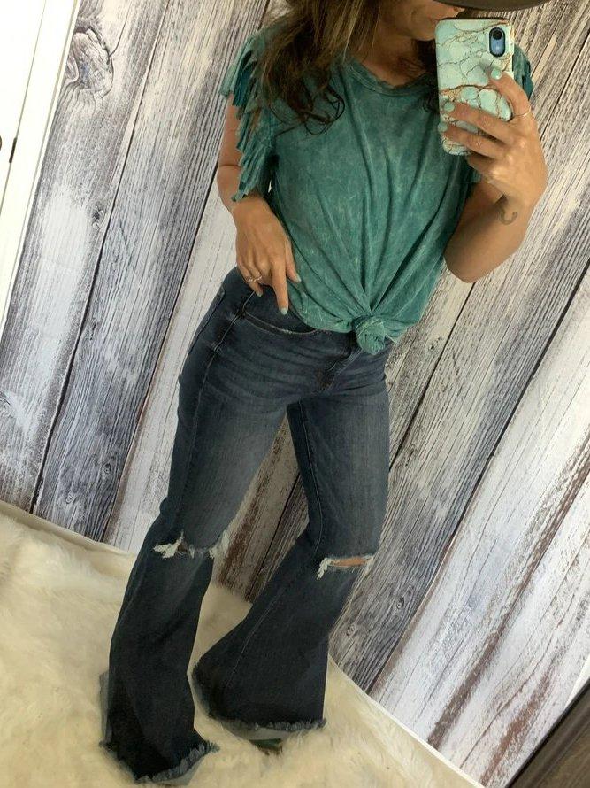 Vintage Ombre/tie-Dye Crew Neck Cotton-Blend Shirts & Tops