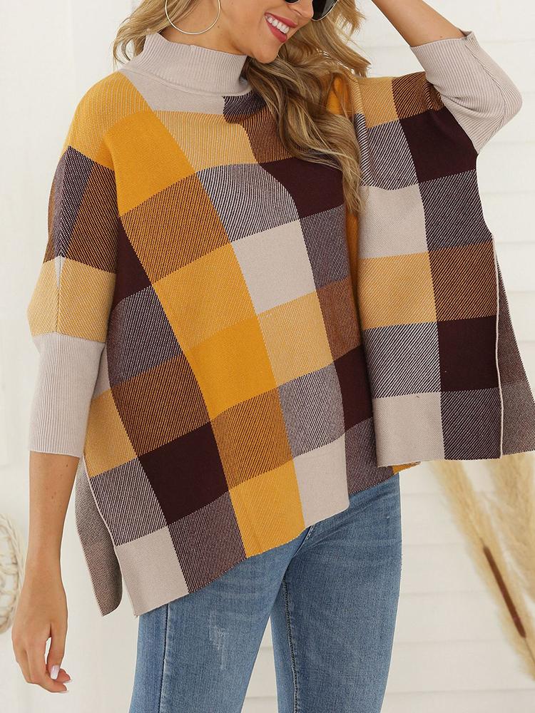 European And American Style High Collar Bracelet Sleeve Splicing Plaid Sweater