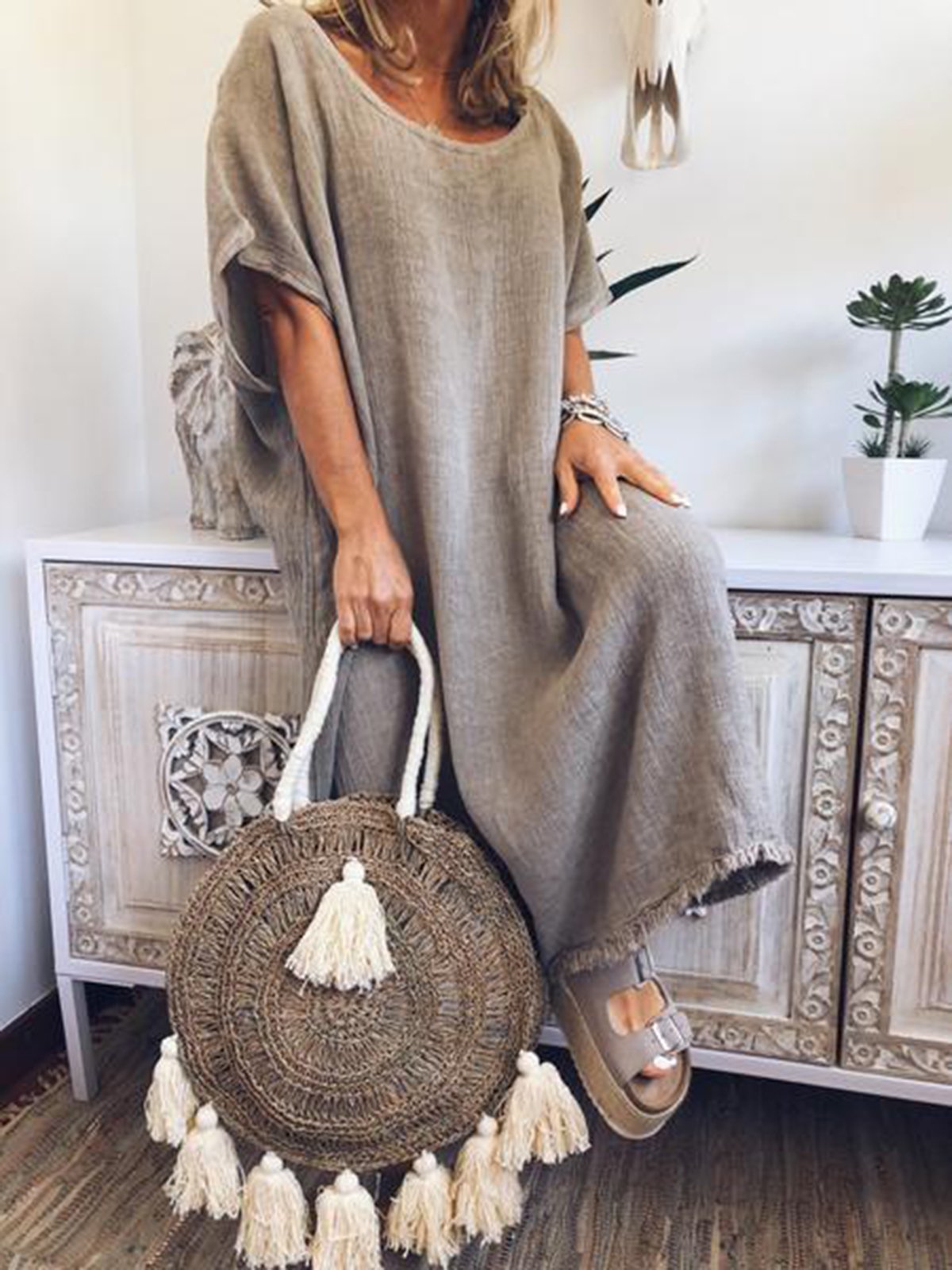 Women Short Sleeve Plain Dresses