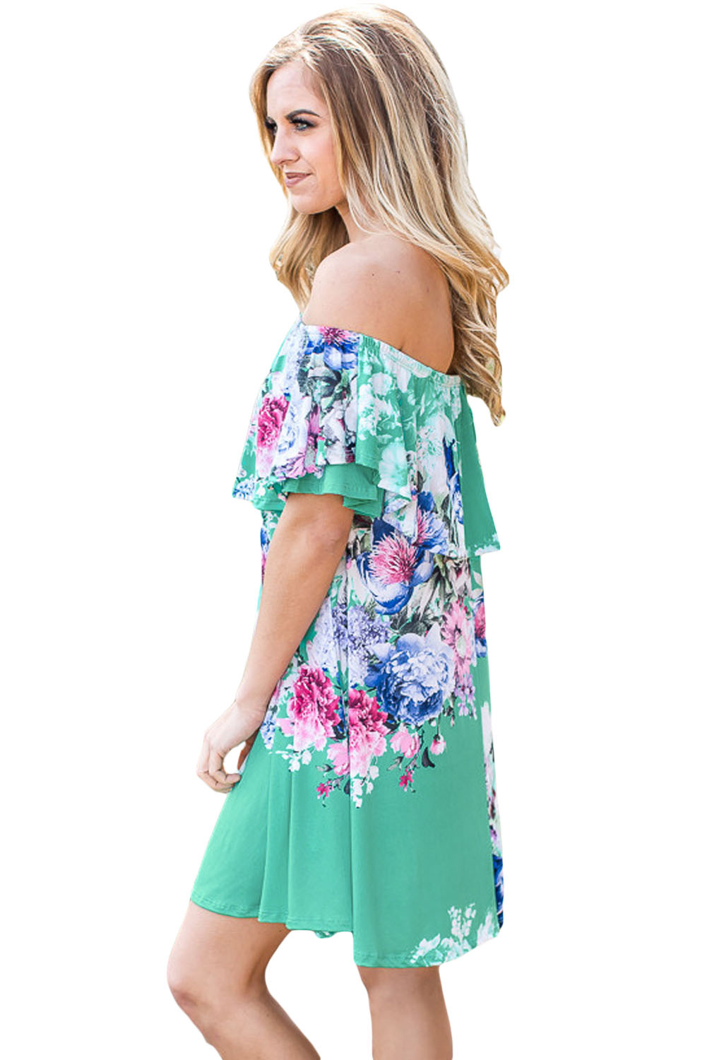 Ruffle Off Shoulder Mint Floral Mini Dress