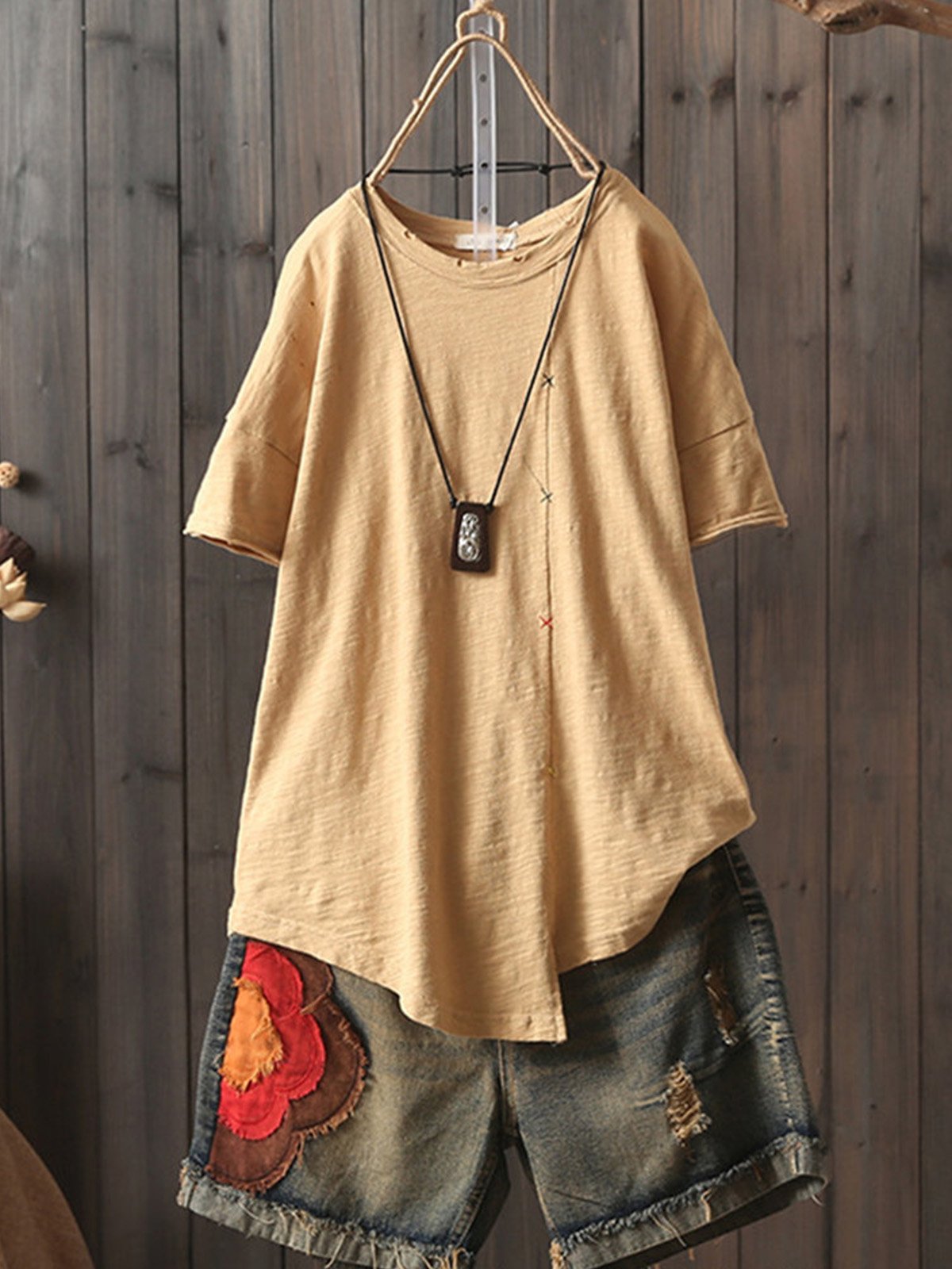 Solid Color Short Sleeve Crew Neck Overhead T-Shirt