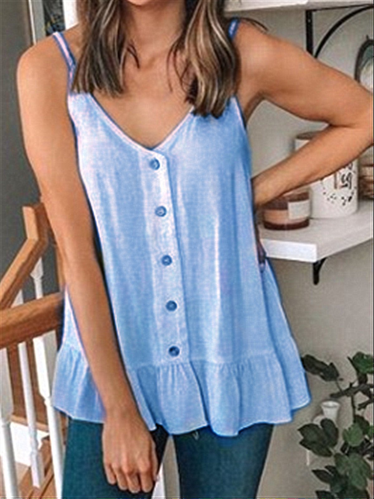 Blue Sleeveless Daily Casual Holiday Cotton Top