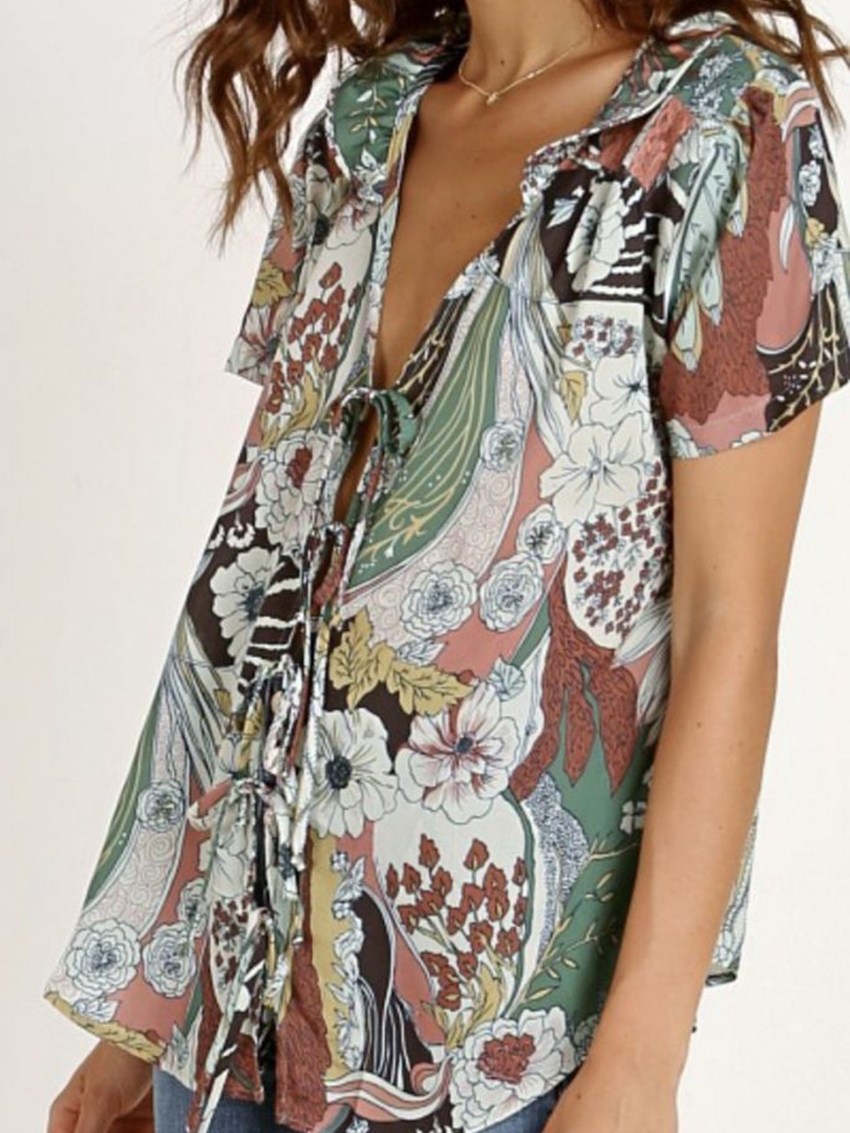 Casual Short Sleeve V Neck Cotton Shirts & Tops