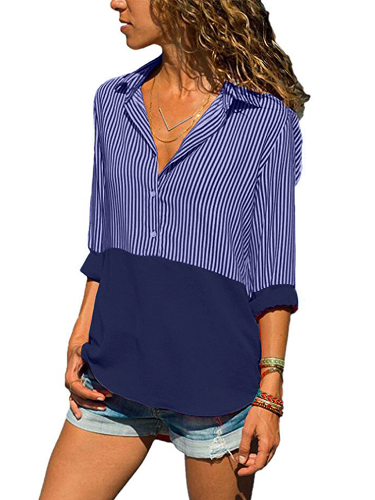 Lapel Stripes Patchwork Color Block Blouses