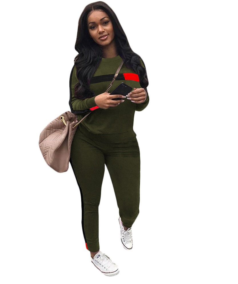 Autumn Casual Stripes O-Neck Shirt and Pants Set