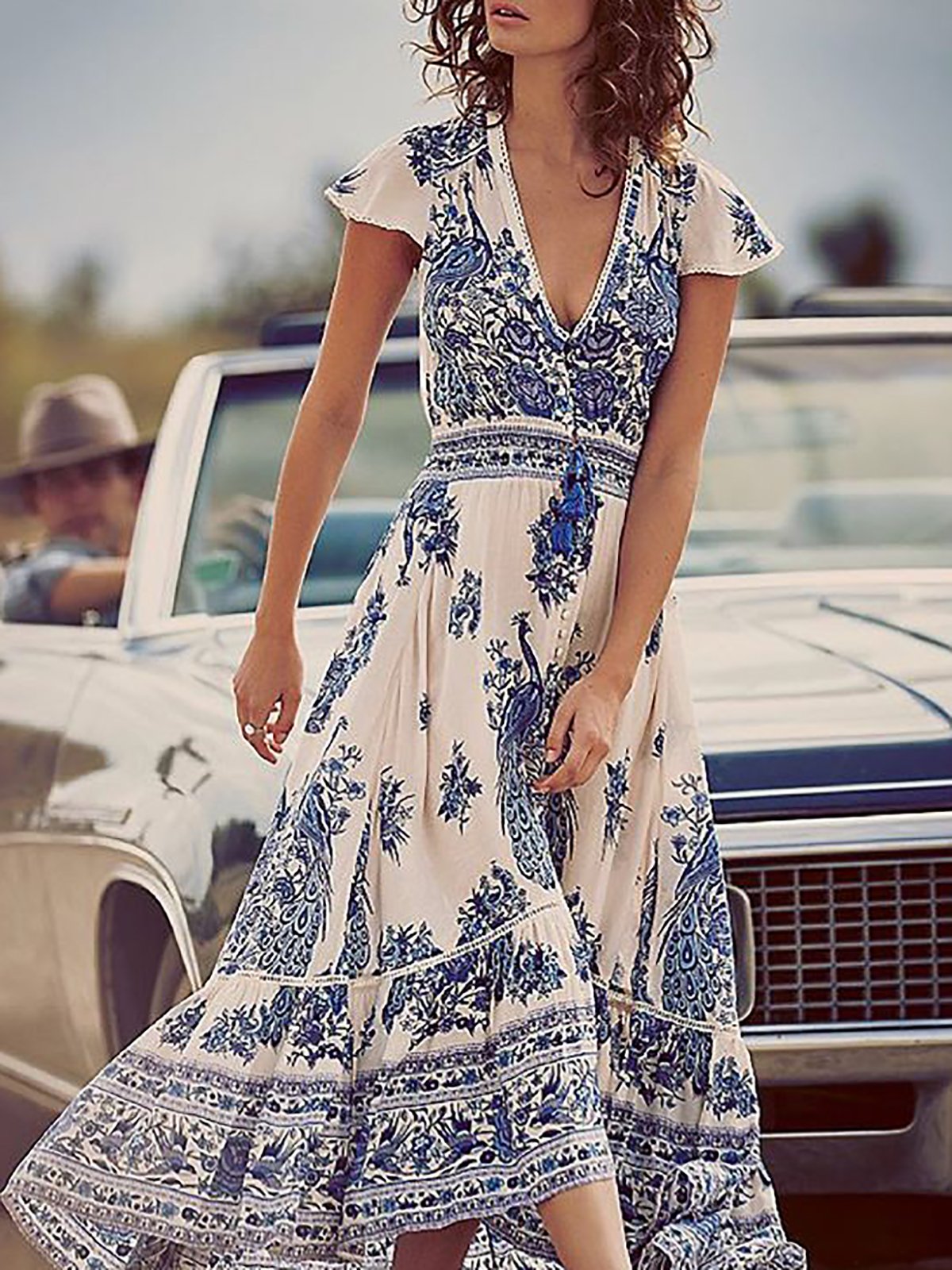 Women Print Dress Swing Daytime Slit Floral Dress
