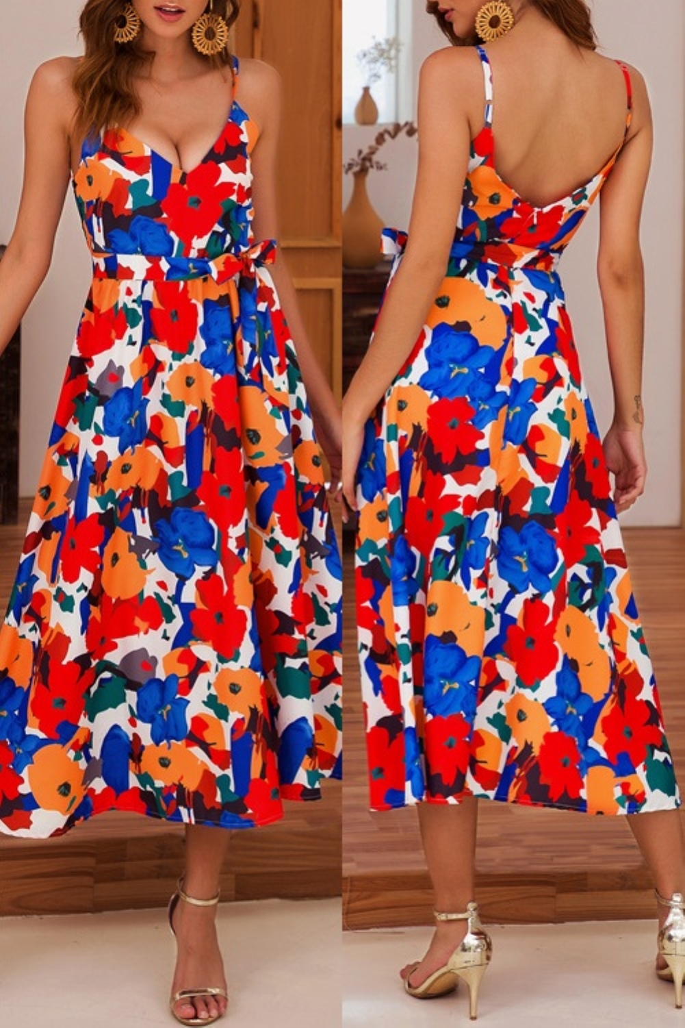 Summer Floral Strap High Waist Long Dress with Belt