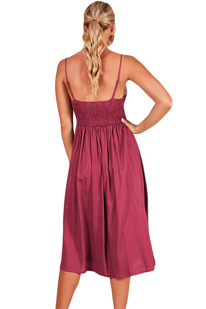 Wine Sexy Backless Tie Front Button Skirt Midi Dress