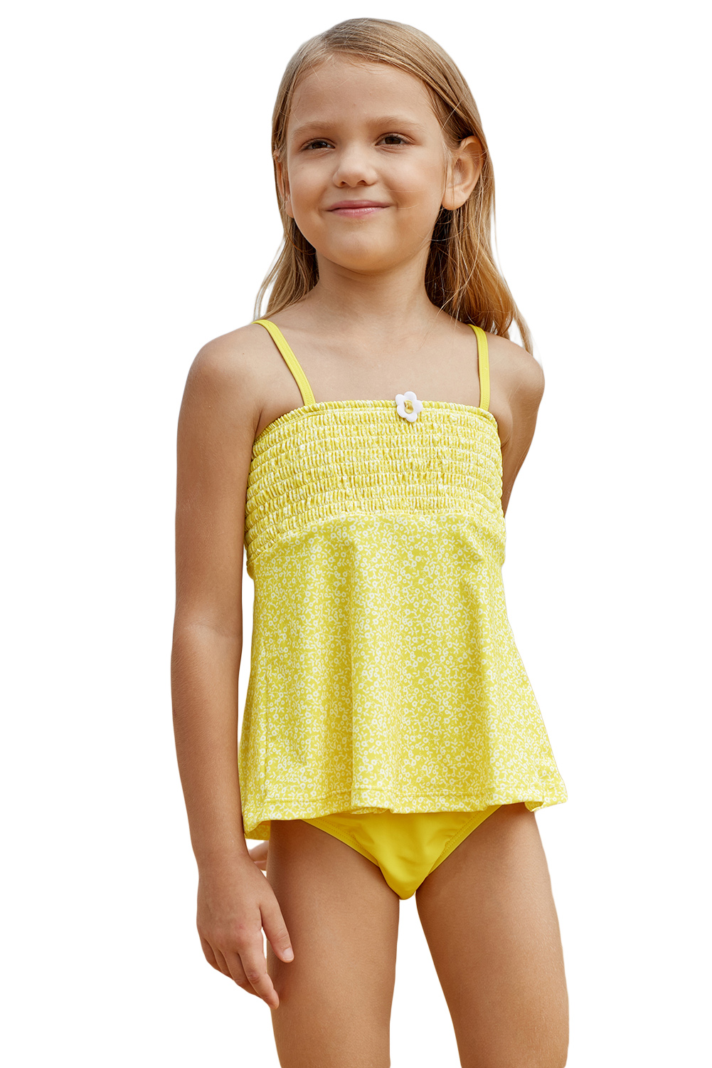 Bright Yellow Printed Kid Girls Tankini Swimwear