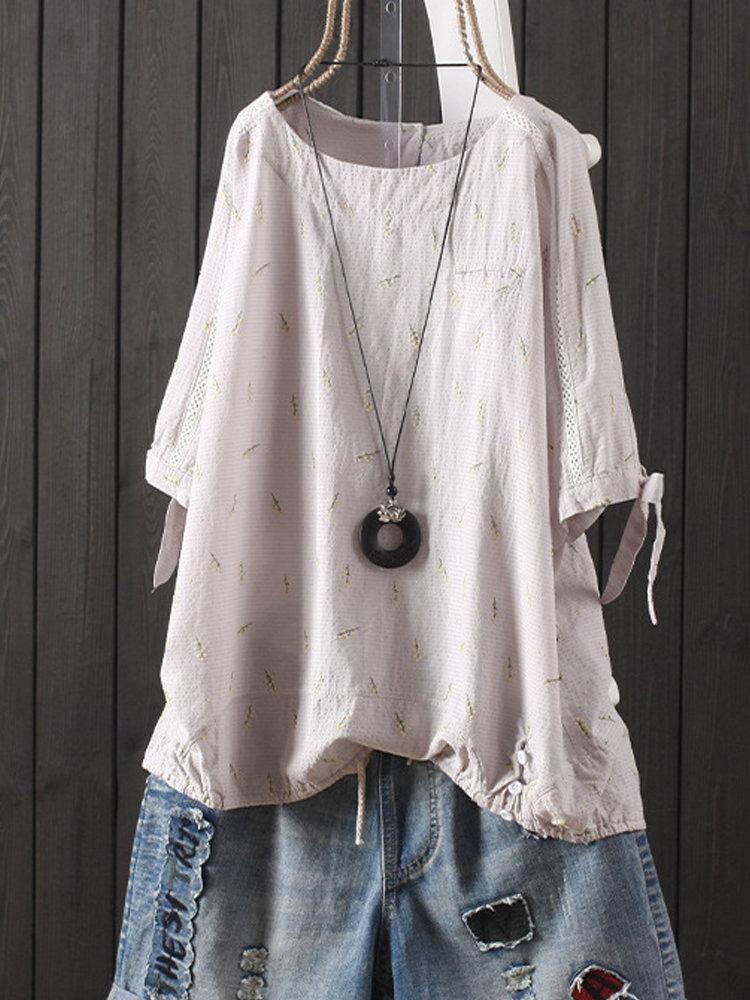 Cotton-Blend Short Sleeve Floral Casual Shirts & Tops