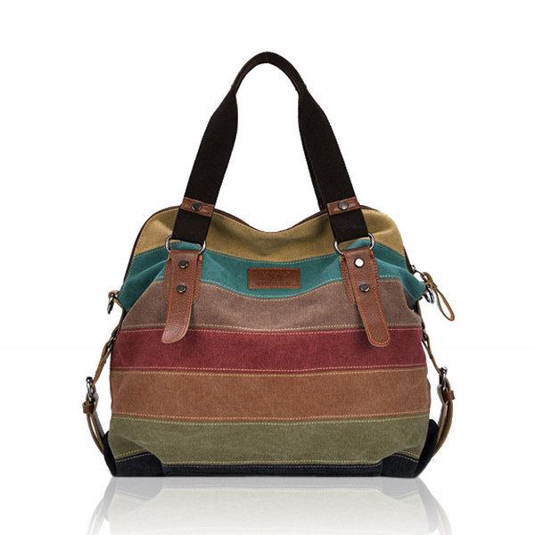 Retro Ethnic Style Stripe Canvas Contrast Color Multi-pocket Handbag Crossbody Bag