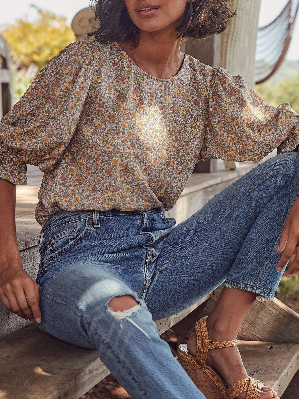 Flower Crew Neck Vintage Floral Half Sleeve Dresses