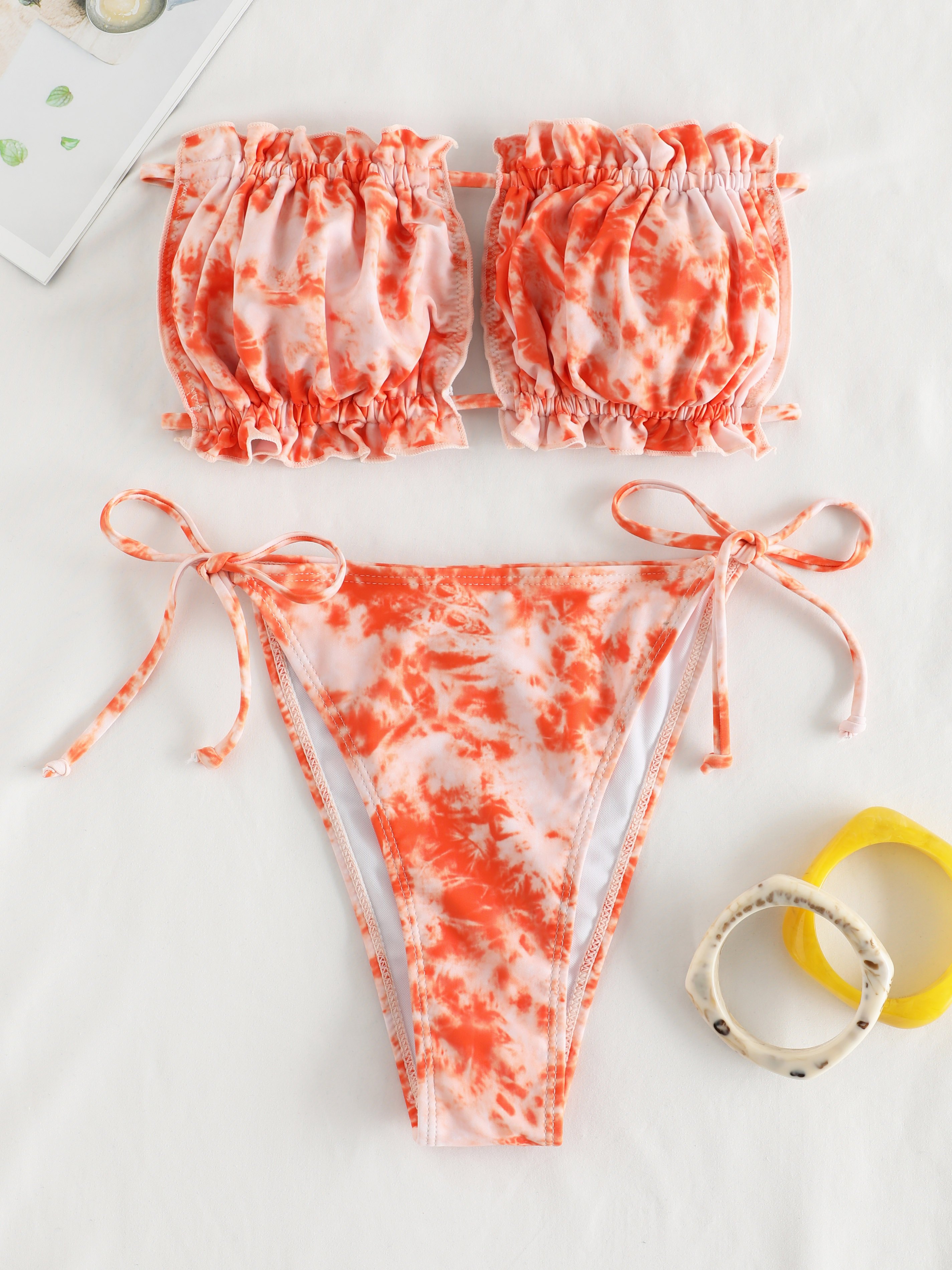 Ruffle Tie Dye Tie Side Bandeau Bikini